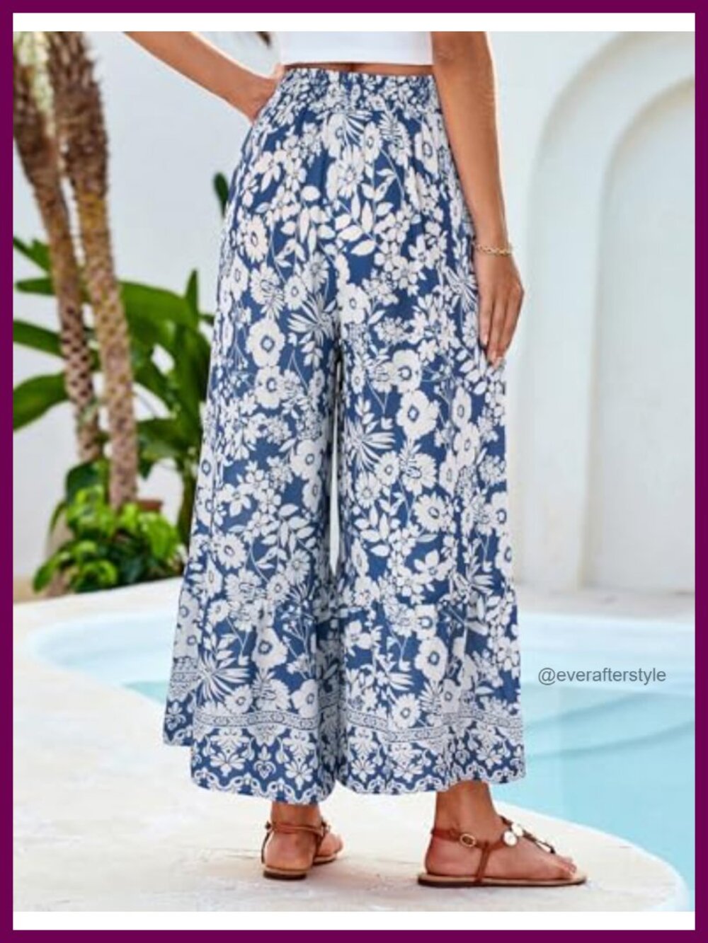 Wide Leg Palazzo Pants High Waist Flowy Beach Trousers - Picture 3 of 6